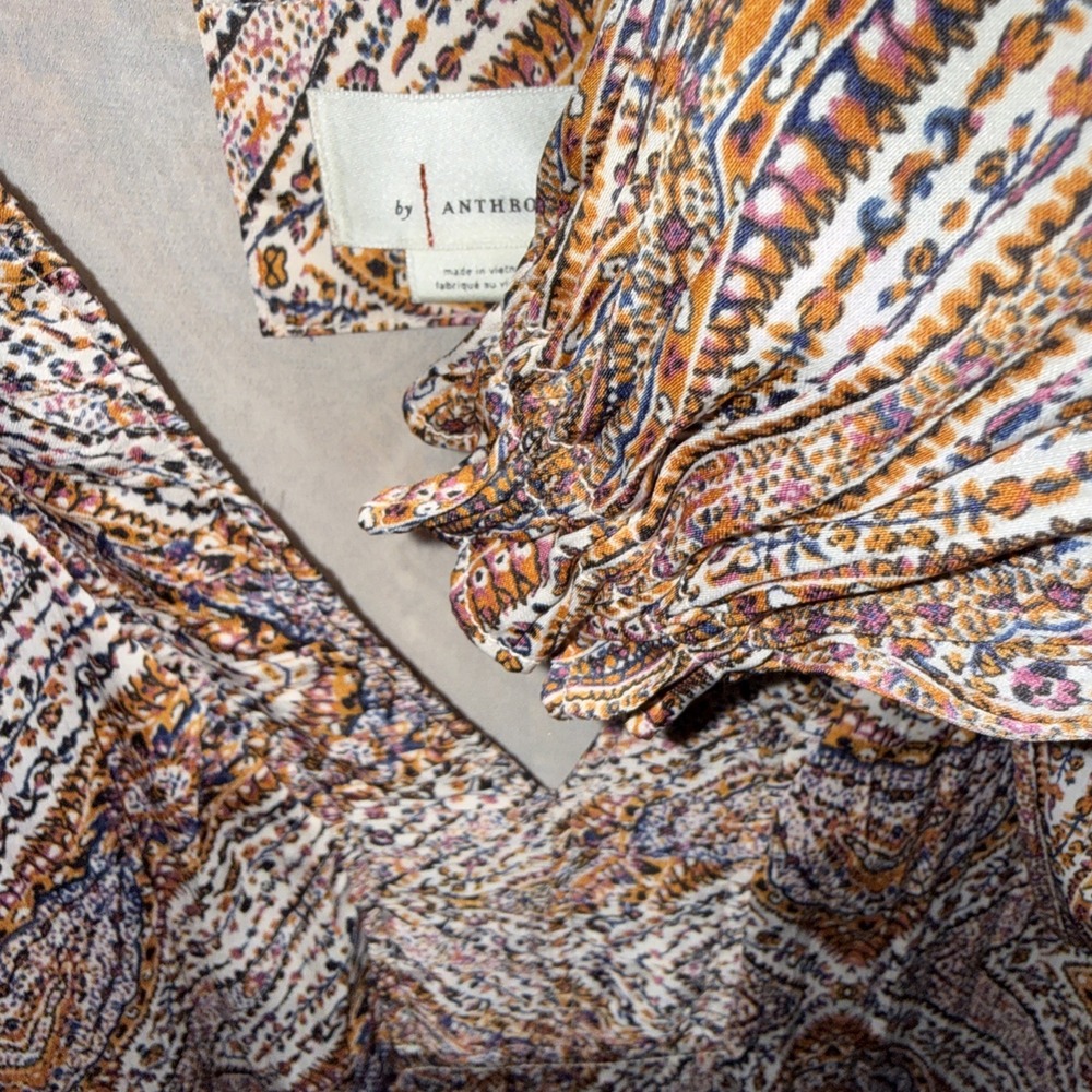 Anthropologie Sabia Flounced Tunic Dress Small Brown Multi V Neck Pockets Lined - Picture 13 of 16